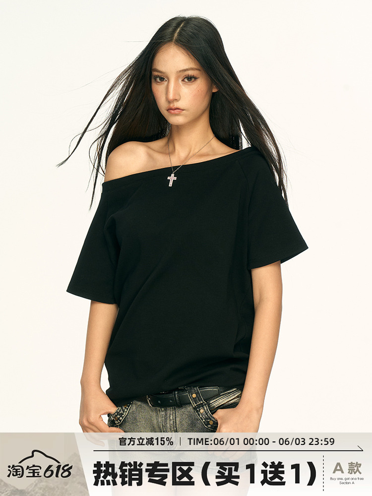 Off-Shoulder Short Sleeve T-Shirt for Women - Spicy Girl Style, Loose Fit, Summer 2025 Trend, American-Inspired Fashion Off-Shoulder Short Sleeve T-Shirt for Women - Spicy Girl Style, Loose Fit, Summer 2025 Trend, American-Inspired Fashion
