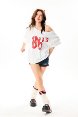 Off-Shoulder Short Sleeve T-Shirt for Women - Vintage Digital Print, Loose Fit, Summer Versatile Top, Y2K Style