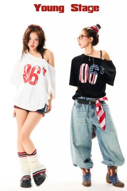 Off-Shoulder Short Sleeve T-Shirt for Women - Vintage Digital Print, Loose Fit, Summer Versatile Top, Y2K Style