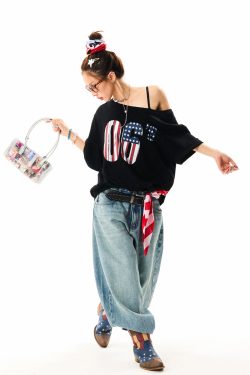 Off-Shoulder Short Sleeve T-Shirt for Women - Vintage Digital Print, Loose Fit, Summer Versatile Top, Y2K Style