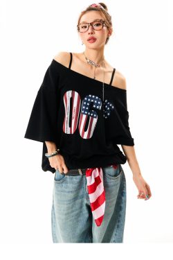 Off-Shoulder Short Sleeve T-Shirt for Women - Vintage Digital Print, Loose Fit, Summer Versatile Top, Y2K Style