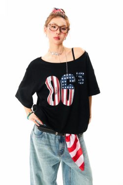 Off-Shoulder Short Sleeve T-Shirt for Women - Vintage Digital Print, Loose Fit, Summer Versatile Top, Y2K Style