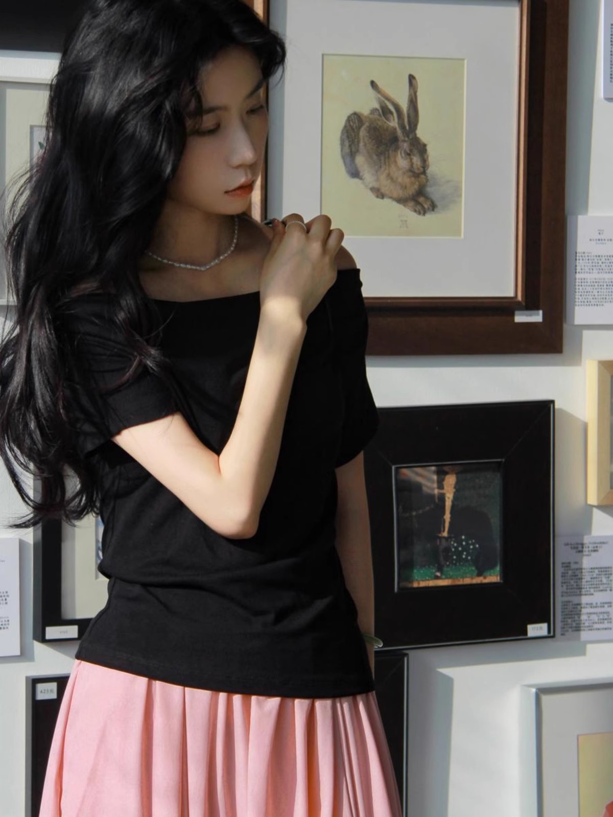 Off-Shoulder Short-Sleeved Top - Women's Summer French Style Thin Stretchy Knit in Light Colors - Elegant & Chic Essentials Off-Shoulder Short-Sleeved Top - Women's Summer French Style Thin Stretchy Knit in Light Colors - Elegant & Chic Essentials