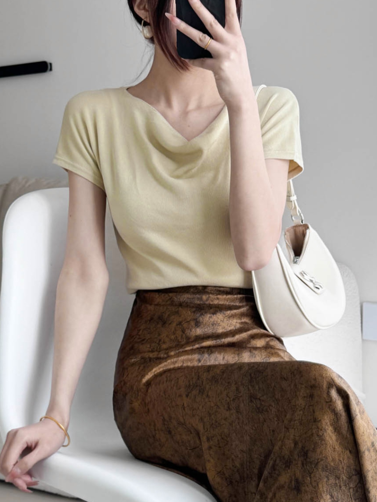 Off-Shoulder Short-Sleeved Top - Women's Summer French Style Thin Stretchy Knit in Light Colors - Elegant & Chic Essentials Off-Shoulder Short-Sleeved Top - Women's Summer French Style Thin Stretchy Knit in Light Colors - Elegant & Chic Essentials