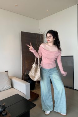 Off-Shoulder Solid Color Plus Size Knitted Shirt - High-End Feel, Slightly Chubby Style, Trendy Casual Top for Effortless Elegance
