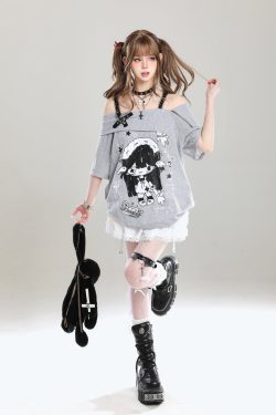 Off-Shoulder Spicy Girl Cartoon Camisole T-Shirt Cover-Up for Women, Y2K Summer Subculture Style Top