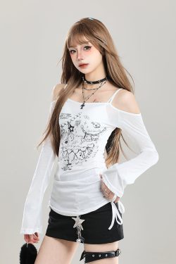 Off-Shoulder Spicy Girl Long Sleeve T-Shirt - Slim Fit Sun Protection Summer Cover-Up, Waist-Cinching Women's Top