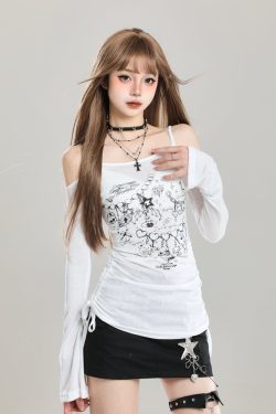 Off-Shoulder Spicy Girl Long Sleeve T-Shirt - Slim Fit Sun Protection Summer Cover-Up, Waist-Cinching Women's Top