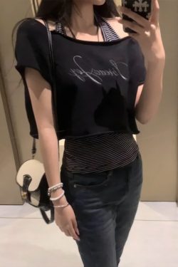 Off-Shoulder Spicy Girl T-Shirt for Women, Summer Slim-Fit Hanging Neck Tank Top, American Style Lazy Chic Top