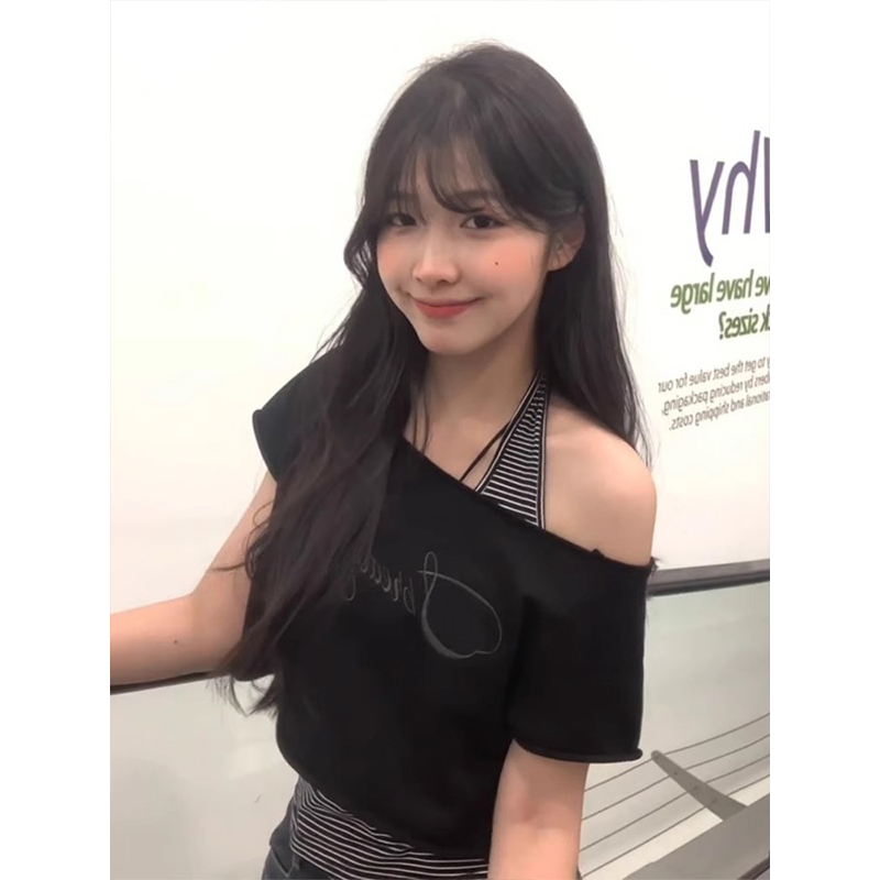 Off-Shoulder Spicy Girl T-Shirt for Women, Summer Slim-Fit Hanging Neck Tank Top, American Style Lazy Chic Top Off-Shoulder Spicy Girl T-Shirt for Women, Summer Slim-Fit Hanging Neck Tank Top, American Style Lazy Chic Top