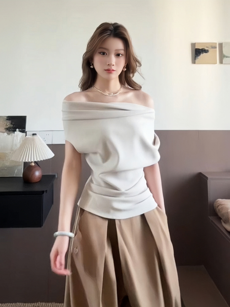 Off-Shoulder Vintage T-Shirt for Women - Summer Slimming Style, Waist-Cinching, Short Sleeves, Irregular Design, Trendy and Instagram-Worthy Off-Shoulder Vintage T-Shirt for Women - Summer Slimming Style, Waist-Cinching, Short Sleeves, Irregular Design, Trendy and Instagram-Worthy