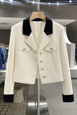 Off-White Color-Blocking French Chic Blazer for Women - 2025 Spring Autumn Short Suit, Stylish Workwear & Casual Fashion