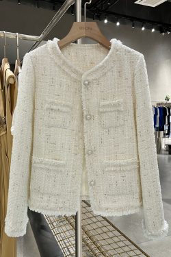 Off-White Lightweight Luxury Short Jacket for Women, Stylish Tassel Design for Autumn and Winter 2024, Elegant Layering Piece