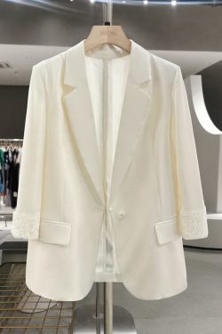 Off-White Minimalist Lace Cuff Blazer for Women - 2025 Summer Style, Imitation Acetate Textured Suit, Chic Fashion Layering Piece