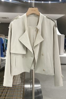 Off-White Short Trench Coat for Women - British Style, Spring 2025, Chic French Youthful Design for Autumn Fashion
