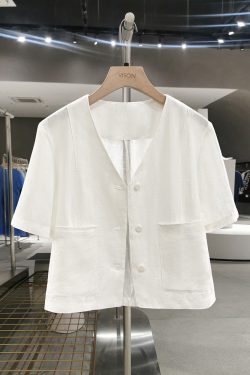 Off-White V-Neck Linen Short Jacket for Women - Korean Style, Summer 2025 Gentle Niche Thin Top