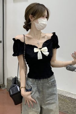 One-Shoulder Butterfly Knot Short Sleeve T-Shirt for Women - Plus Size Slim-Fit Summer Top, Sweet and Spicy Style