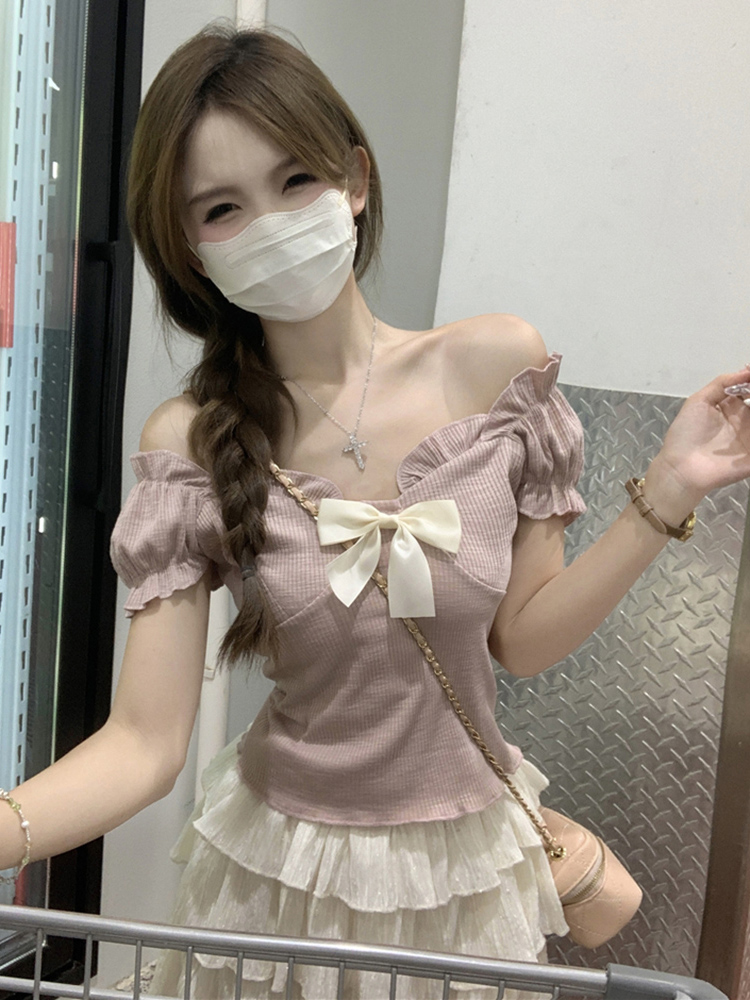 One-Shoulder Butterfly Knot Short Sleeve T-Shirt for Women - Plus Size Slim-Fit Summer Top, Sweet and Spicy Style One-Shoulder Butterfly Knot Short Sleeve T-Shirt for Women - Plus Size Slim-Fit Summer Top, Sweet and Spicy Style