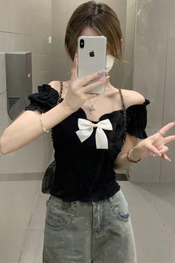 One-Shoulder Butterfly Knot Short Sleeve T-Shirt for Women - Plus Size Slim-Fit Summer Top, Sweet and Spicy Style