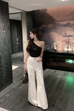 One-Shoulder Camisole for Women - Fashionable Slim Fit Summer Top with Camellia Design - Sexy Y2K Style