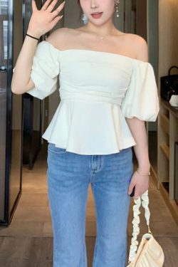 One-Shoulder High-Waist Puff Sleeve Top for Women - Slimming Tummy-Covering Design - Summer Fashion in Large Sizes