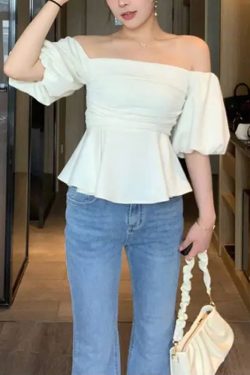 One-Shoulder High-Waist Puff Sleeve Top for Women - Slimming Tummy-Covering Design - Summer Fashion in Large Sizes