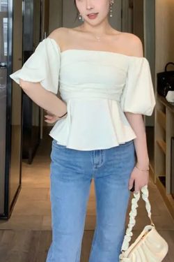 One-Shoulder High-Waist Puff Sleeve Top for Women - Slimming Tummy-Covering Design - Summer Fashion in Large Sizes