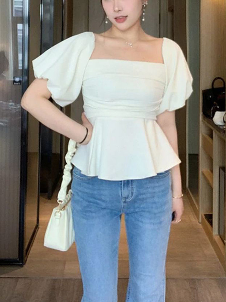 One-Shoulder High-Waist Puff Sleeve Top for Women - Slimming Tummy-Covering Design - Summer Fashion in Large Sizes One-Shoulder High-Waist Puff Sleeve Top for Women - Slimming Tummy-Covering Design - Summer Fashion in Large Sizes