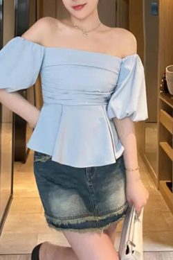 One-Shoulder High-Waist Puff Sleeve Top for Women - Slimming Tummy-Covering Design - Summer Fashion in Large Sizes