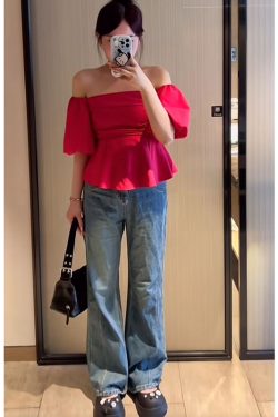 One-Shoulder High-Waist Puff Sleeve Top for Women - Slimming Tummy-Covering Design - Summer Fashion in Large Sizes