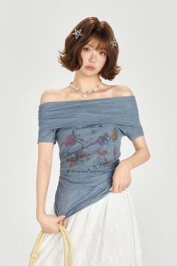 One-Shoulder Printed Waist-Cinching Slim-Fit T-Shirt for Women - American Retro Summer Style, Short Sleeve Top