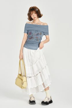 One-Shoulder Printed Waist-Cinching Slim-Fit T-Shirt for Women - American Retro Summer Style, Short Sleeve Top