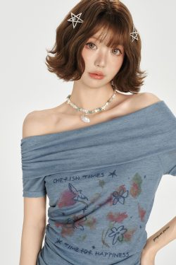 One-Shoulder Printed Waist-Cinching Slim-Fit T-Shirt for Women - American Retro Summer Style, Short Sleeve Top