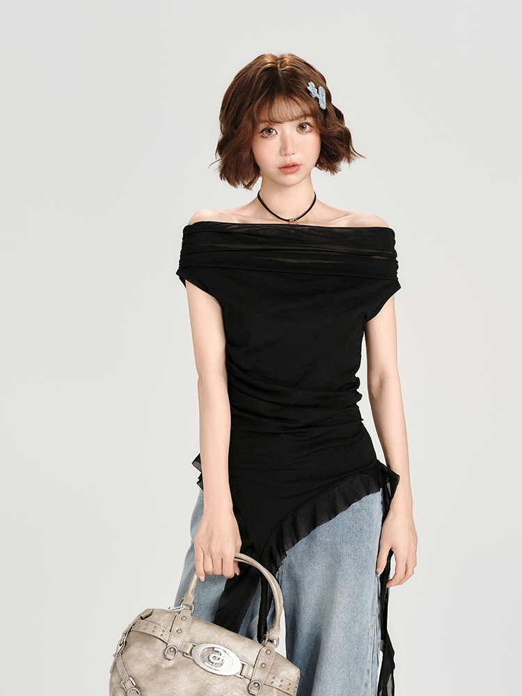 One-Shoulder Short Sleeve T-Shirt for Women - Spicy Girl Mesh Ribbon Slim Fit Top - American Style Summer Fashion One-Shoulder Short Sleeve T-Shirt for Women - Spicy Girl Mesh Ribbon Slim Fit Top - American Style Summer Fashion