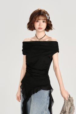 One-Shoulder Short Sleeve T-Shirt for Women - Spicy Girl Mesh Ribbon Slim Fit Top - American Style Summer Fashion