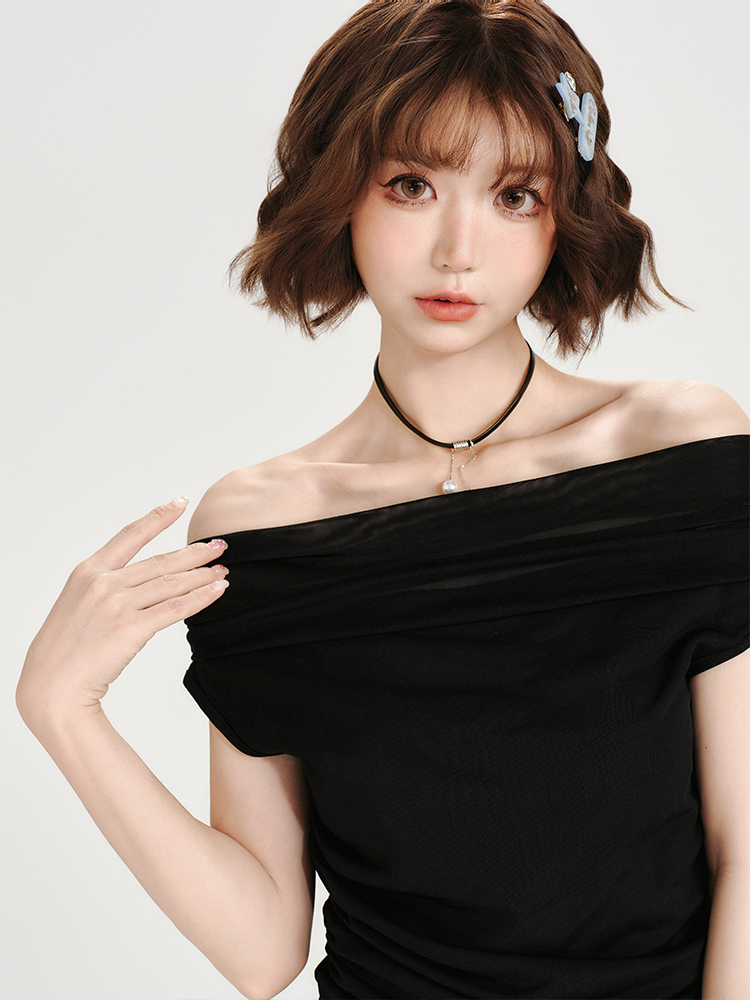 One-Shoulder Short Sleeve T-Shirt for Women - Spicy Girl Mesh Ribbon Slim Fit Top - American Style Summer Fashion One-Shoulder Short Sleeve T-Shirt for Women - Spicy Girl Mesh Ribbon Slim Fit Top - American Style Summer Fashion