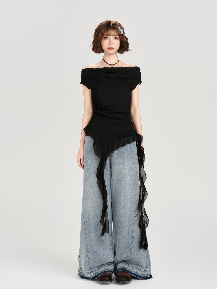 One-Shoulder Short Sleeve T-Shirt for Women - Spicy Girl Mesh Ribbon Slim Fit Top - American Style Summer Fashion One-Shoulder Short Sleeve T-Shirt for Women - Spicy Girl Mesh Ribbon Slim Fit Top - American Style Summer Fashion