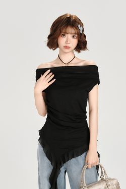 One-Shoulder Short Sleeve T-Shirt for Women - Spicy Girl Mesh Ribbon Slim Fit Top - American Style Summer Fashion