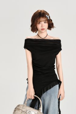 One-Shoulder Short Sleeve T-Shirt for Women - Spicy Girl Mesh Ribbon Slim Fit Top - American Style Summer Fashion