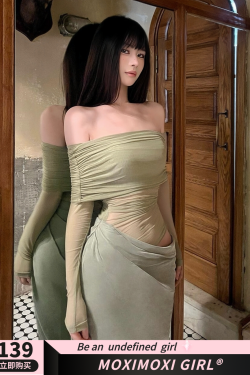 One-Shoulder Spicy Sexy Mesh Dress with Waist-Showing Design – Slightly Sheer Long Skirt, Trendy Korean Style for a Bold Look