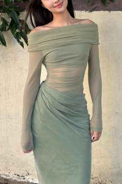 One-Shoulder Spicy Sexy Mesh Dress with Waist-Showing Design – Slightly Sheer Long Skirt, Trendy Korean Style for a Bold Look