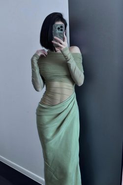 One-Shoulder Spicy Sexy Mesh Dress with Waist-Showing Design – Slightly Sheer Long Skirt, Trendy Korean Style for a Bold Look