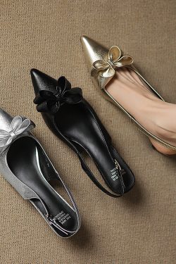 Open-Back High Heel Sandals for Women - French Pointed Toe Genuine Leather with Stunning Bow Detail