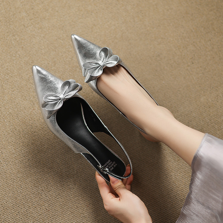 Open-Back High Heel Sandals for Women - French Pointed Toe Genuine Leather with Stunning Bow Detail Open-Back High Heel Sandals for Women - French Pointed Toe Genuine Leather with Stunning Bow Detail