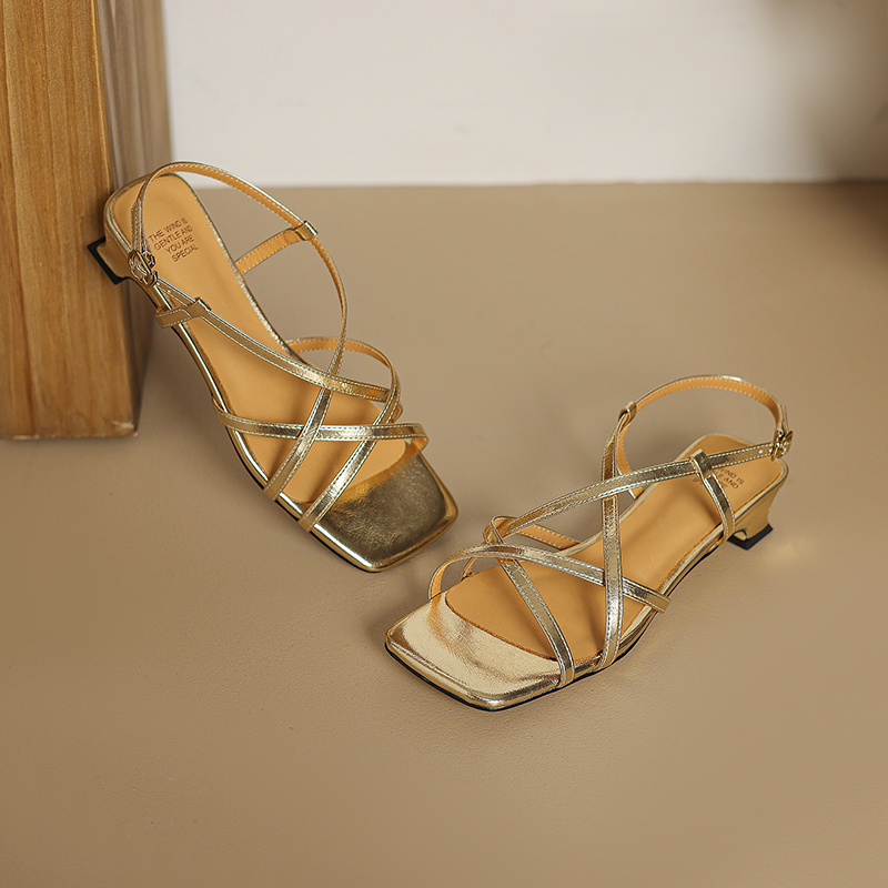 Open-Toe Chunky Strap Roman Sandals for Women - Gold and Silver Hollow Design - Summer 2024 Fashion Open-Toe Chunky Strap Roman Sandals for Women - Gold and Silver Hollow Design - Summer 2024 Fashion