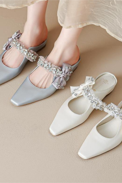 Open-Toe Half Slippers with Bowknot Rhinestones - Women's One-Strap Sandals in Italian French Fashion Style