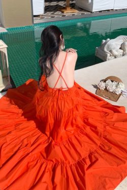 Orange Backless Camisole Dress - Long Ankle-Length Beach Vacation Skirt with Swing Design for Summer Style