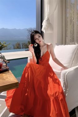 Orange Backless Camisole Dress - Long Ankle-Length Beach Vacation Skirt with Swing Design for Summer Style
