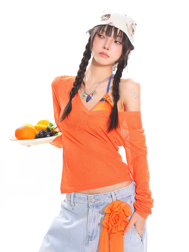 Orange Long Sleeve V-Neck Sun Protection Cover-Up for Women - Relaxed Fit Summer Top for a Casual Hot Girl Look Orange Long Sleeve V-Neck Sun Protection Cover-Up for Women - Relaxed Fit Summer Top for a Casual Hot Girl Look