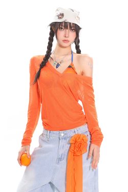 Orange Long Sleeve V-Neck Sun Protection Cover-Up for Women - Relaxed Fit Summer Top for a Casual Hot Girl Look